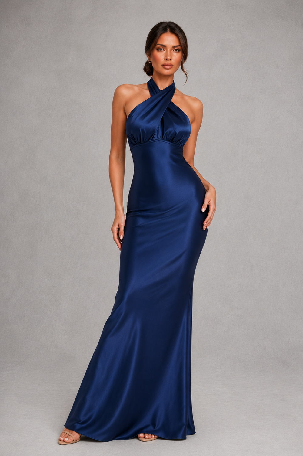 Women's Satin Halter Maxi Dress - Open Back Evening Gown
