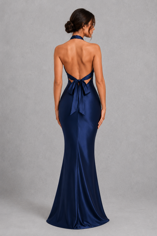 Women's Satin Halter Maxi Dress - Open Back Evening Gown