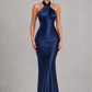 Women's Satin Halter Open Back Evening Gown – Navy
