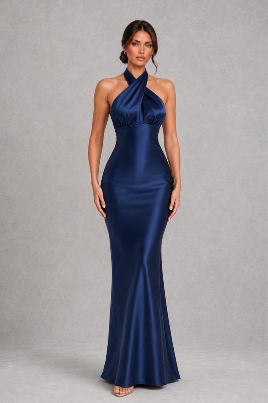 Women's Satin Halter Maxi Dress - Open Back Evening Gown