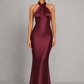 Women's Satin Halter Open Back Evening Gown – Cherry Lacquer