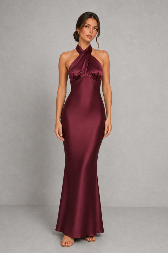 Women's Satin Halter Maxi Dress - Open Back Evening Gown