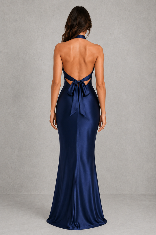 Women’s Satin Halter Maxi Dress with Open Back for Formal & Evening Wear