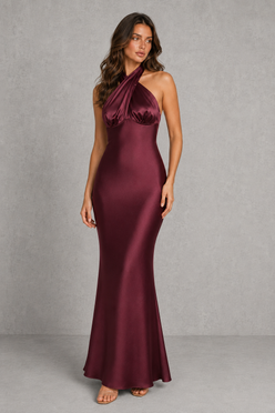 Women’s Satin Halter Maxi Dress with Open Back for Formal & Evening Wear