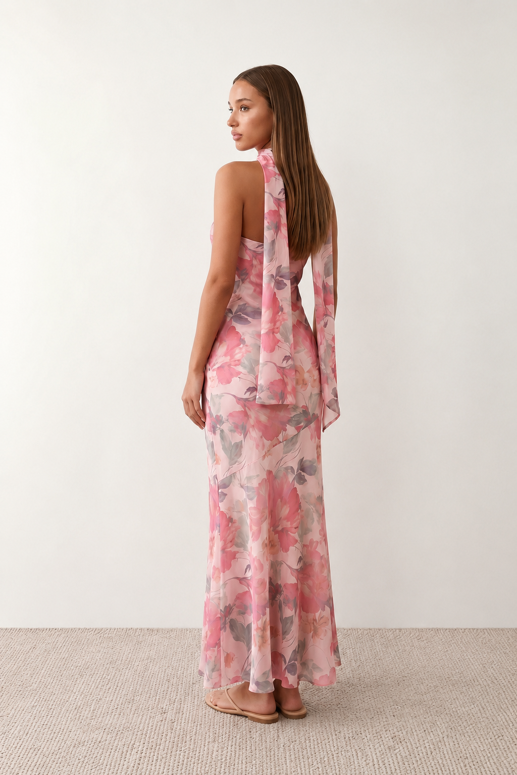 Woman wearing the Diana satin strapless maxi dress featuring a square neckline, scarf-style choker tie, open back with draped detail, and a floor-length fitted silhouette in a smooth satin finish.