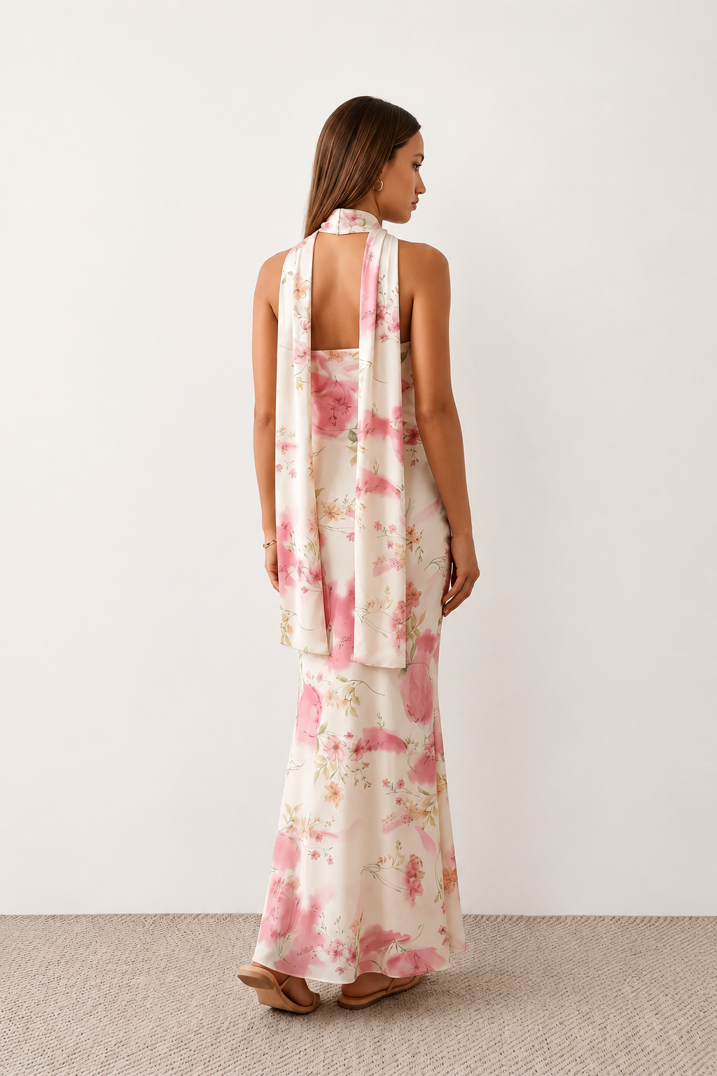 Woman wearing the Diana satin strapless maxi dress featuring a square neckline, scarf-style choker tie, open back with draped detail, and a floor-length fitted silhouette in a smooth satin finish.