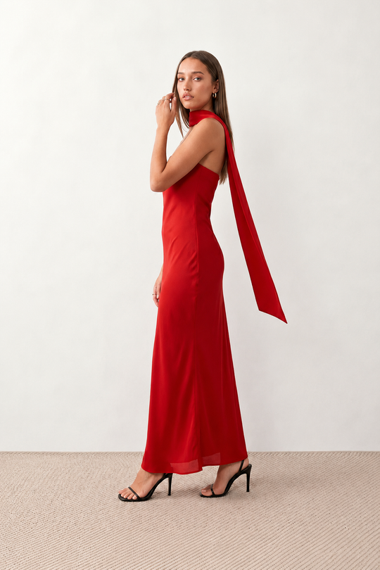 Woman wearing the Diana satin strapless maxi dress featuring a square neckline, scarf-style choker tie, open back with draped detail, and a floor-length fitted silhouette in a smooth satin finish.