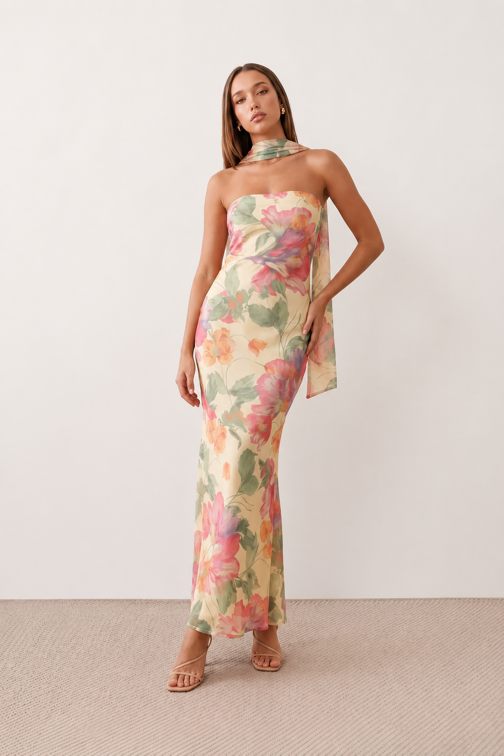Woman wearing the Diana satin strapless maxi dress featuring a square neckline, scarf-style choker tie, open back with draped detail, and a floor-length fitted silhouette in a smooth satin finish.