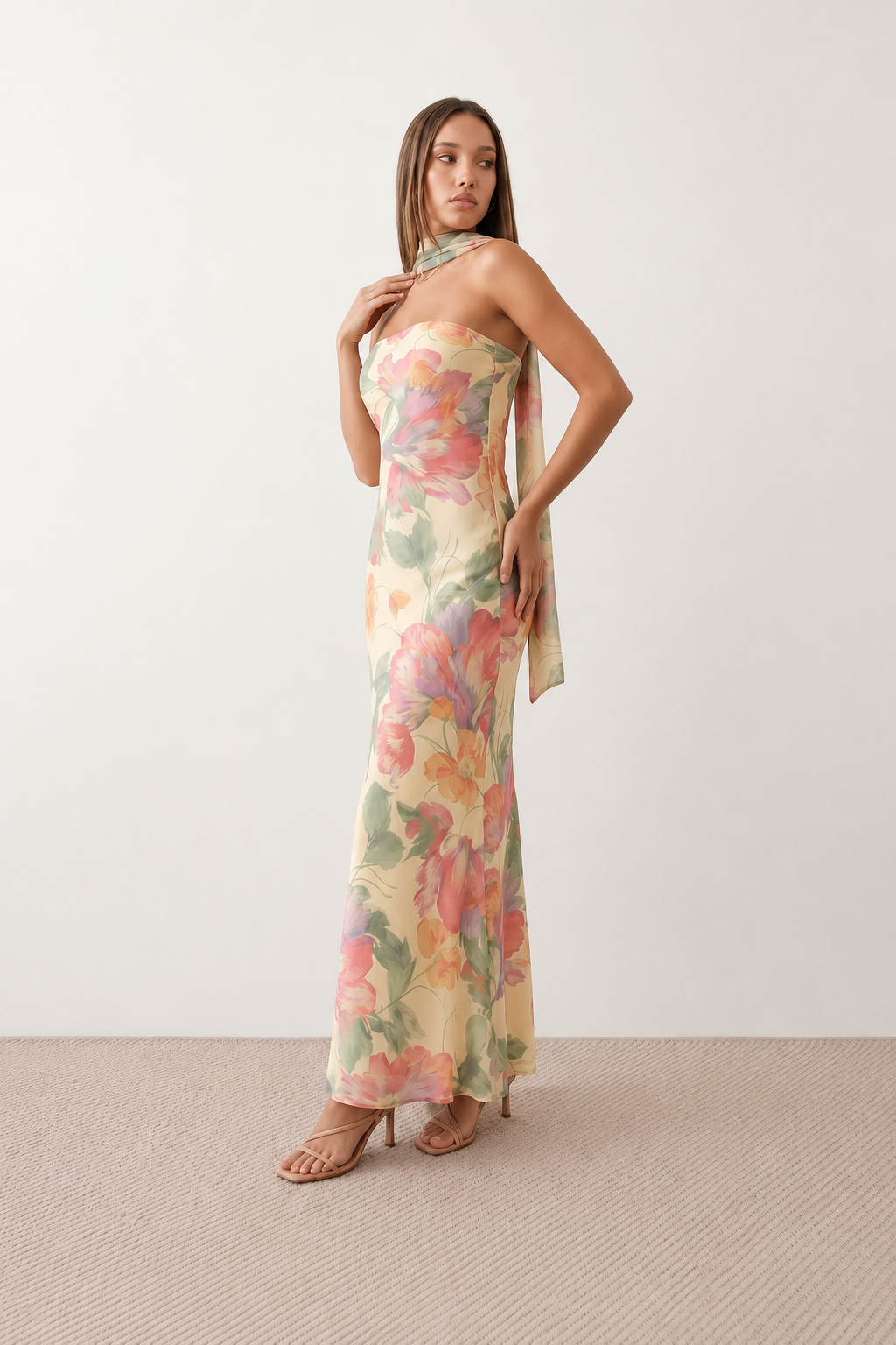 Woman wearing the Diana satin strapless maxi dress featuring a square neckline, scarf-style choker tie, open back with draped detail, and a floor-length fitted silhouette in a smooth satin finish.