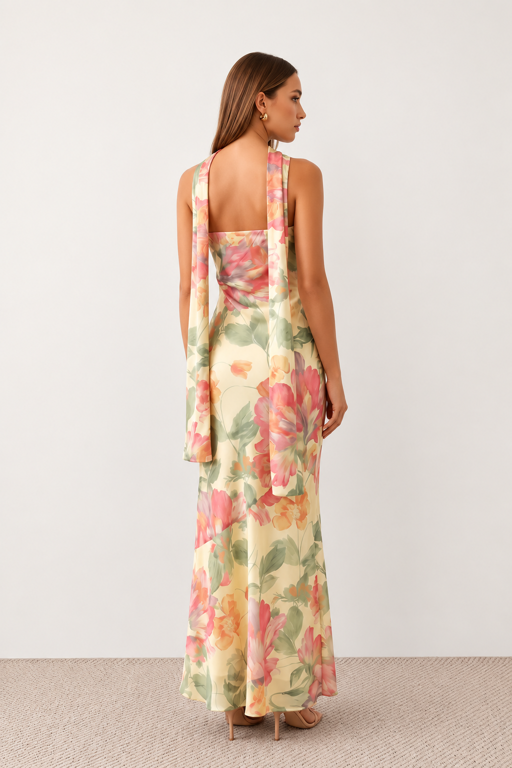 Woman wearing the Diana satin strapless maxi dress featuring a square neckline, scarf-style choker tie, open back with draped detail, and a floor-length fitted silhouette in a smooth satin finish.