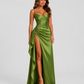 Women’s draped satin maxi dress featuring a fitted bodice, asymmetric waist draping, and a flowing split skirt for elegant evening occasions.