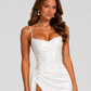 Women’s draped satin maxi dress featuring a fitted bodice, asymmetric waist draping, and a flowing split skirt for elegant evening occasions.