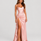 Women’s draped satin maxi dress featuring a fitted bodice, asymmetric waist draping, and a flowing split skirt for elegant evening occasions.