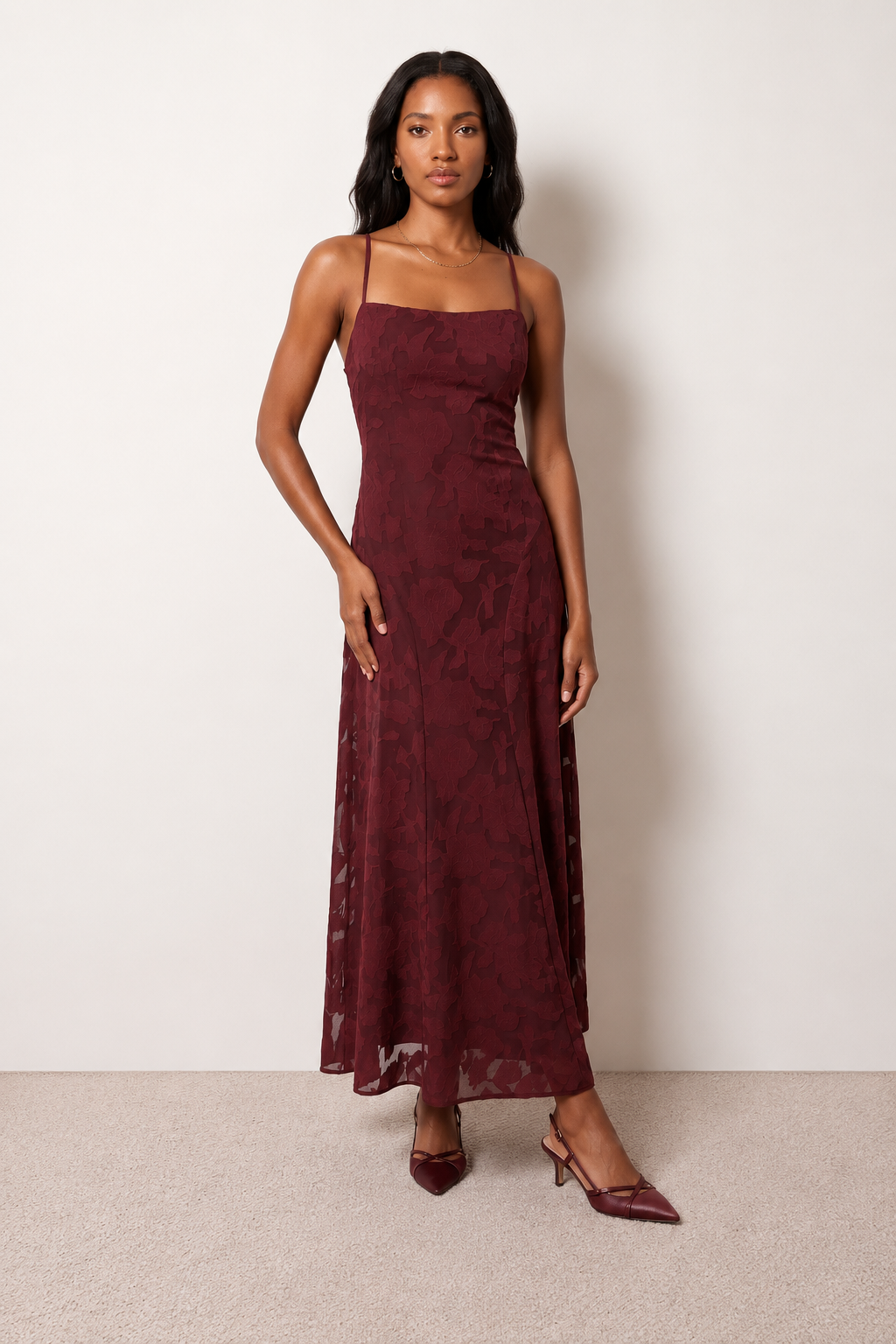 Women's Selene floral jacquard maxi dress featuring a square neckline, cross-back spaghetti straps, adjustable lace-up corset back, flowing A-line silhouette and floor-length hem, ideal for weddings, proms and formal occasions.