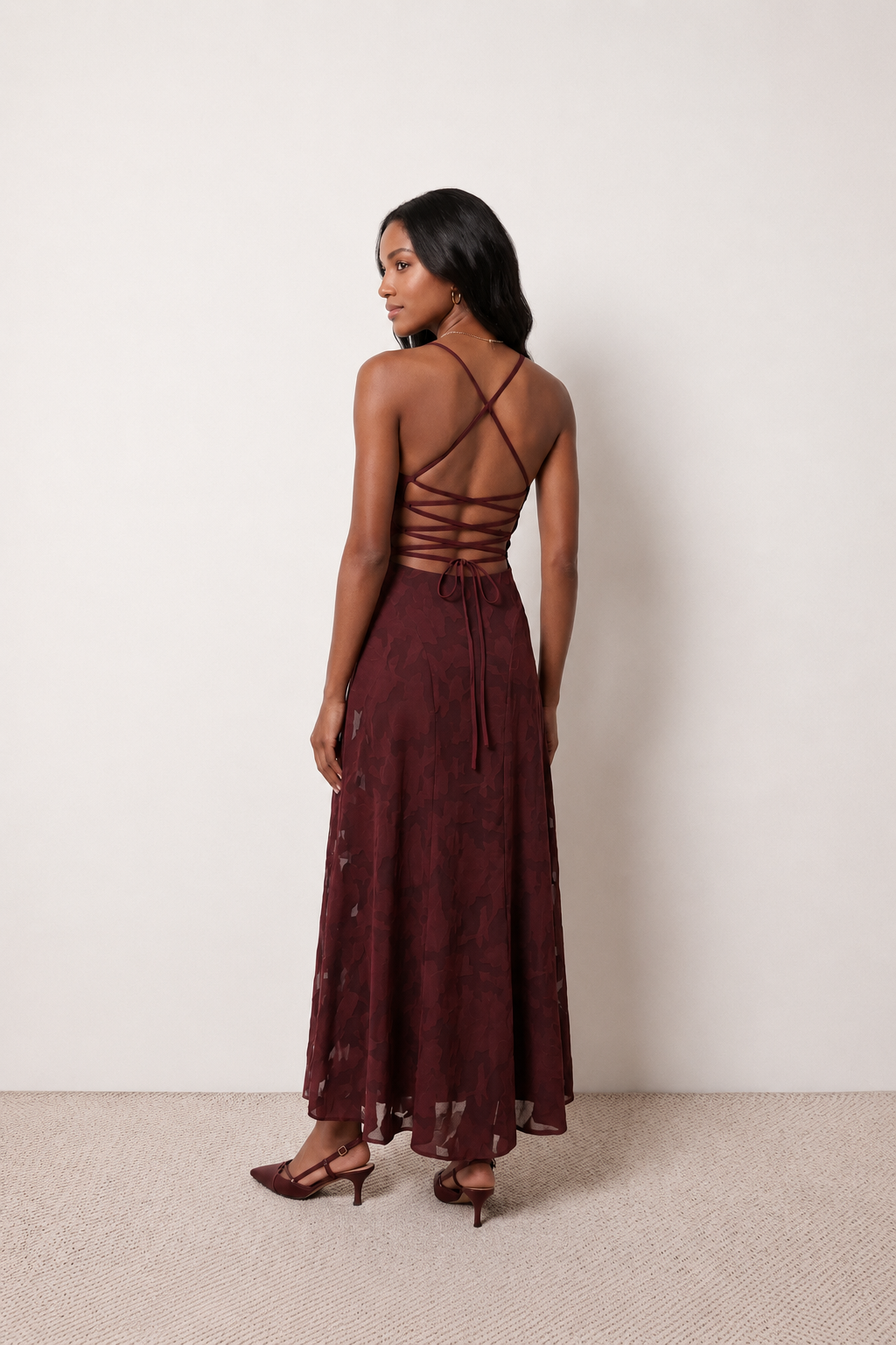 Women's Selene floral jacquard maxi dress featuring a square neckline, cross-back spaghetti straps, adjustable lace-up corset back, flowing A-line silhouette and floor-length hem, ideal for weddings, proms and formal occasions.