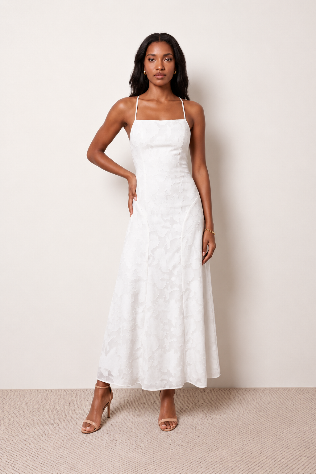 Women's Selene floral jacquard maxi dress featuring a square neckline, cross-back spaghetti straps, adjustable lace-up corset back, flowing A-line silhouette and floor-length hem, ideal for weddings, proms and formal occasions.