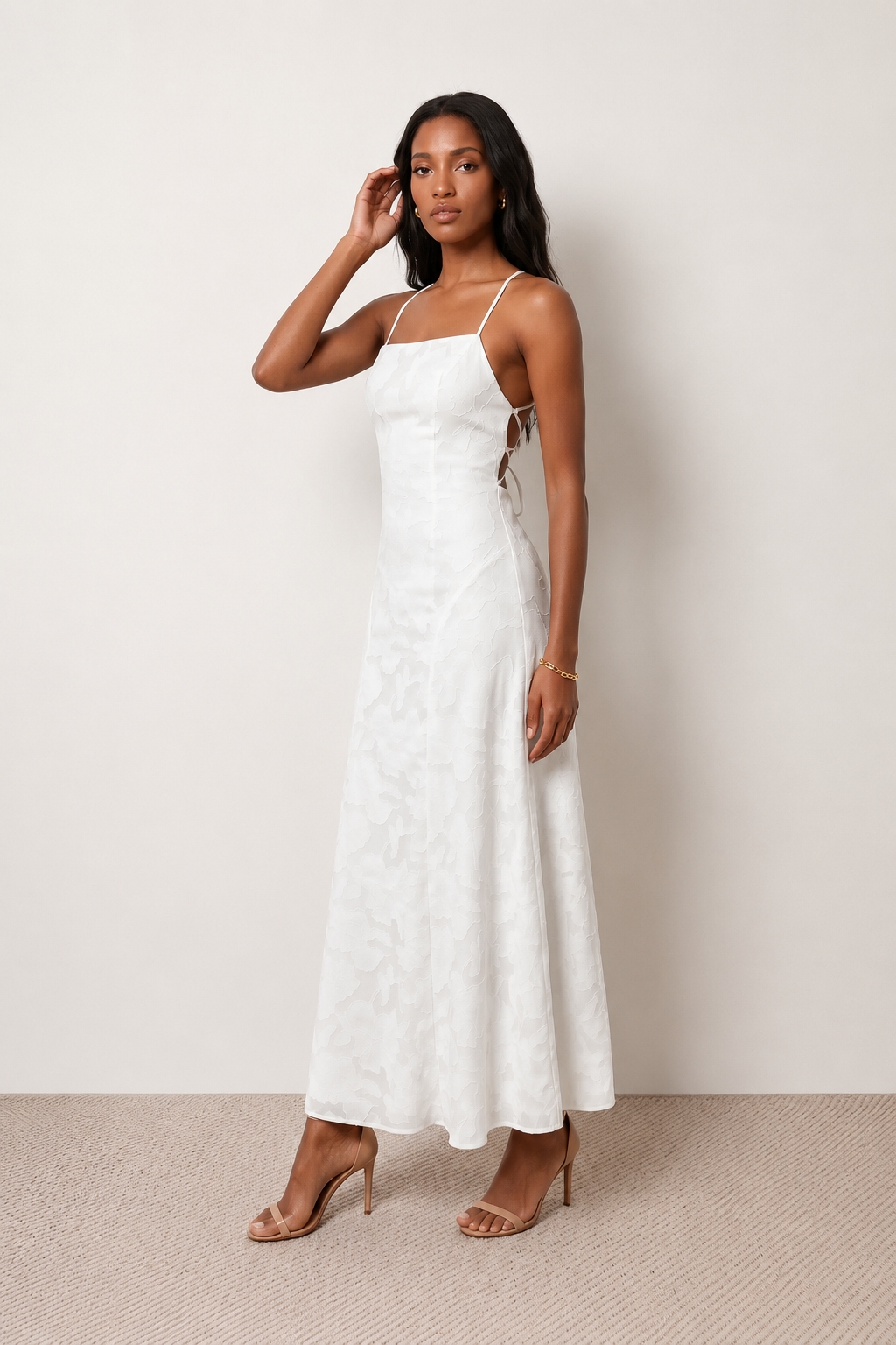 Women's Selene floral jacquard maxi dress featuring a square neckline, cross-back spaghetti straps, adjustable lace-up corset back, flowing A-line silhouette and floor-length hem, ideal for weddings, proms and formal occasions.