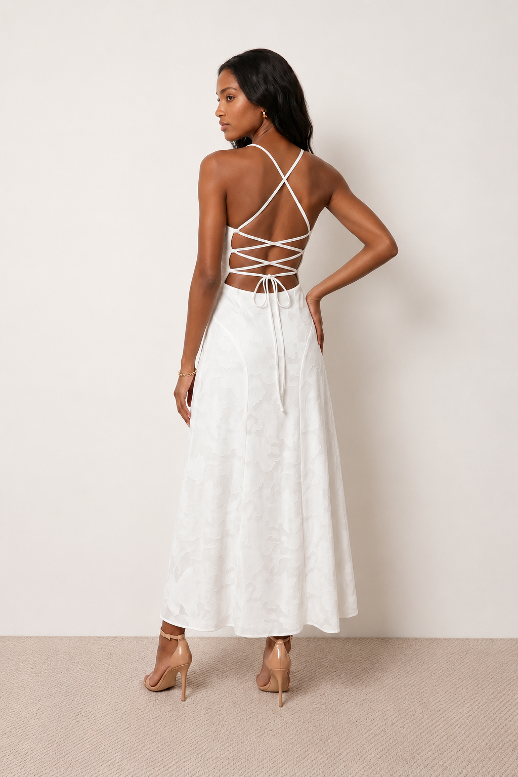 Women's Selene floral jacquard maxi dress featuring a square neckline, cross-back spaghetti straps, adjustable lace-up corset back, flowing A-line silhouette and floor-length hem, ideal for weddings, proms and formal occasions.