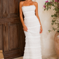 Women's sequin satin maxi dress with shimmering pleated detailing, elegant ruffle accents, fitted silhouette, and flowing back split, ideal for weddings, formal events, and evening occasions.