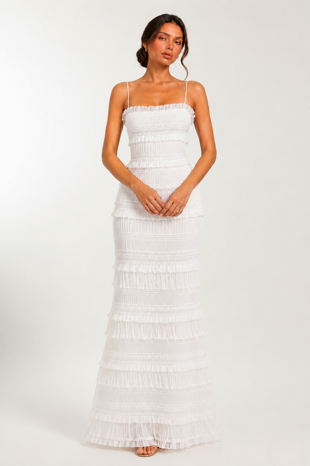 Women's sequin satin maxi dress with shimmering pleated detailing, elegant ruffle accents, fitted silhouette, and flowing back split, ideal for weddings, formal events, and evening occasions.