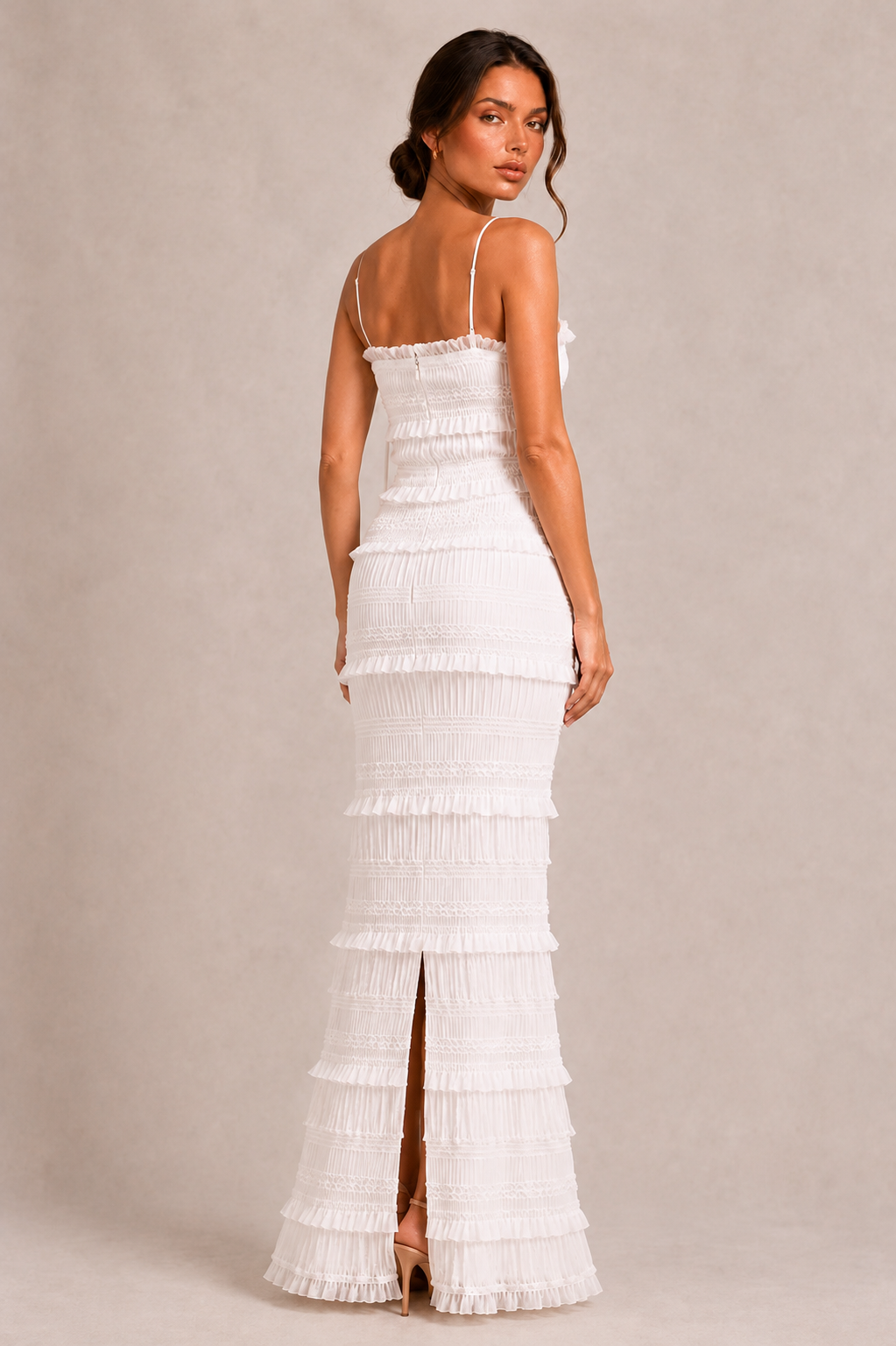 Women's sequin satin maxi dress with shimmering pleated detailing, elegant ruffle accents, fitted silhouette, and flowing back split, ideal for weddings, formal events, and evening occasions.