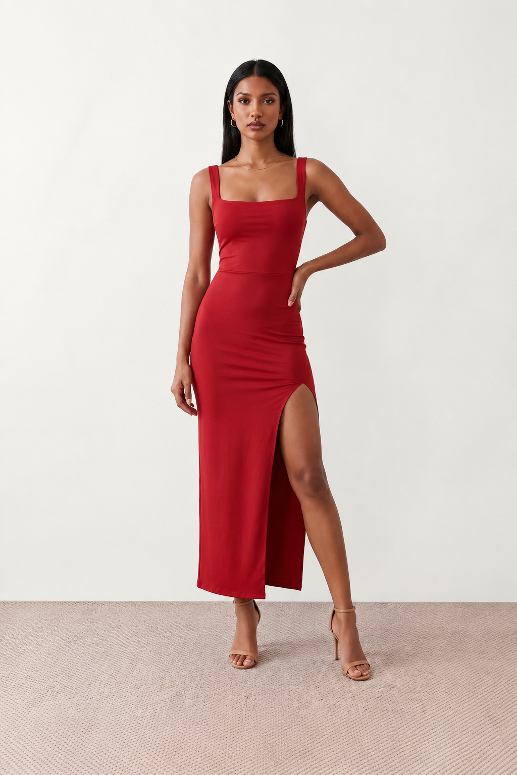 Woman wearing the Skye Open Back Fitted Maxi Dress featuring a square neckline, wide shoulder straps, ruched bodycon silhouette, open back with a smocked panel and tie-bow fastening, thigh-high side split, and floor-length maxi design, perfect for weddings, cocktail parties and formal occasions.
