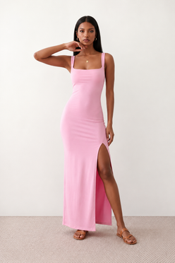 Woman wearing the Skye Open Back Fitted Maxi Dress featuring a square neckline, wide shoulder straps, ruched bodycon silhouette, open back with a smocked panel and tie-bow fastening, thigh-high side split, and floor-length maxi design, perfect for weddings, cocktail parties and formal occasions.