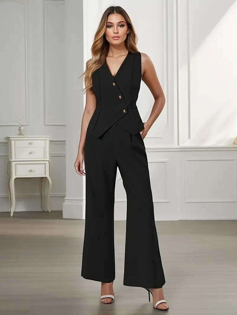 Woman wearing a black sleeveless blazer and wide-leg pants in a neutral setting