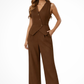 Woman wearing a brown sleeveless suit with wide-leg pants on a white background