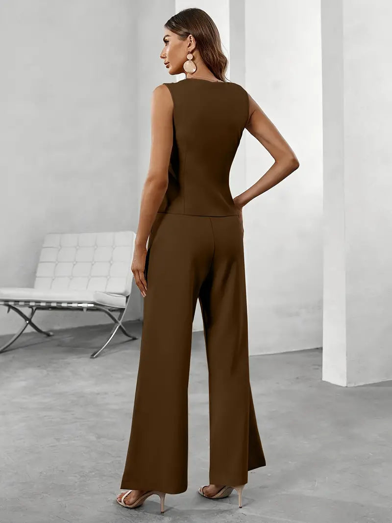 Woman wearing a brown jumpsuit in a minimalistic room.