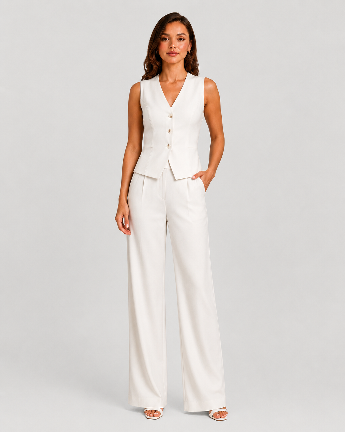 Woman wearing a sleeveless tailored waistcoat with high-waisted wide-leg trousers in a coordinated two-piece set, featuring a relaxed elegant silhouette and modern tailoring.