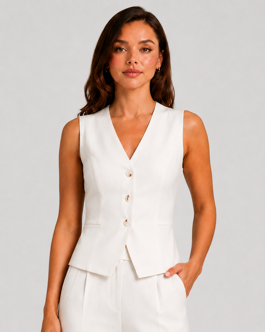 Woman wearing a sleeveless tailored waistcoat with high-waisted wide-leg trousers in a coordinated two-piece set, featuring a relaxed elegant silhouette and modern tailoring.