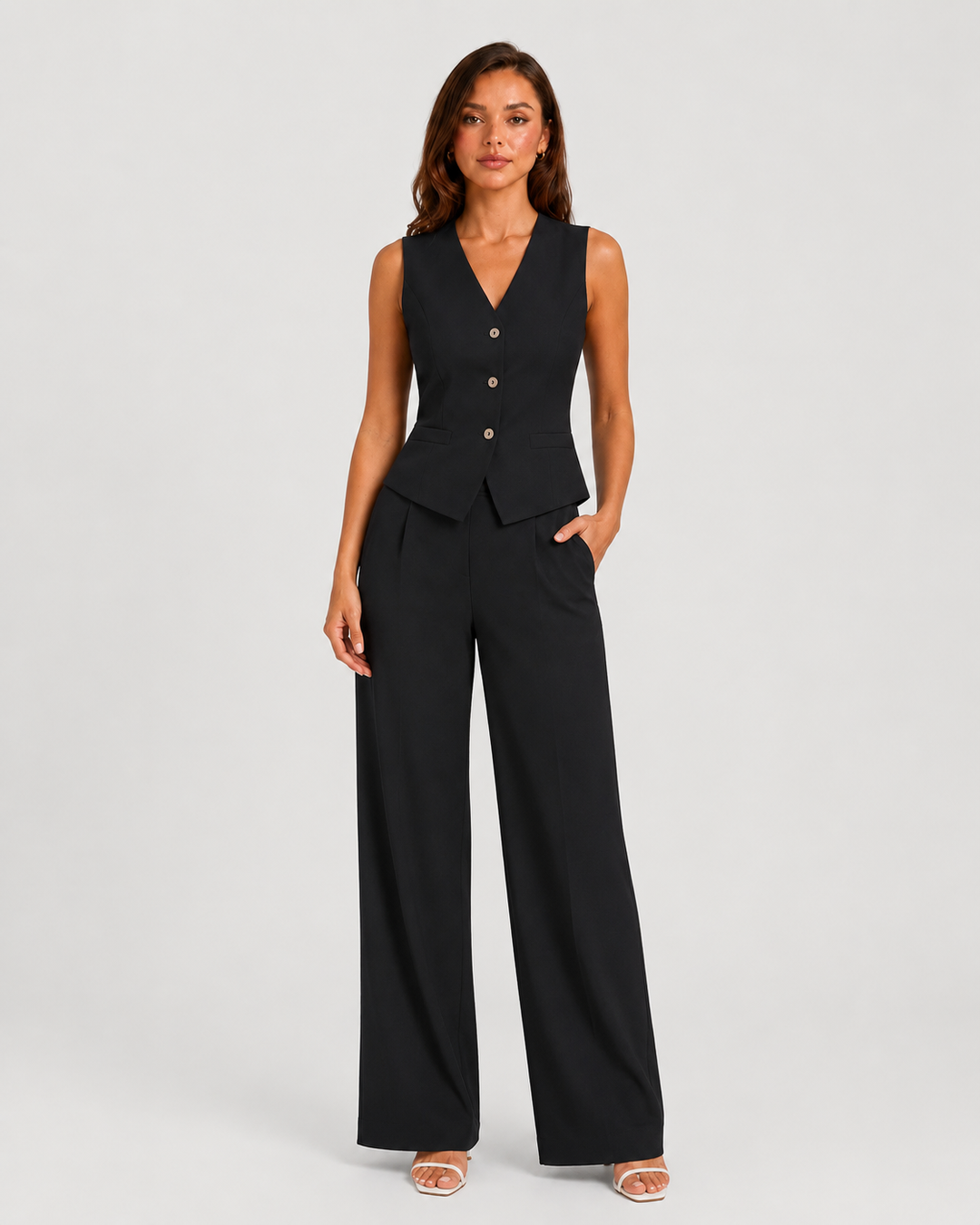 Woman wearing a sleeveless tailored waistcoat with high-waisted wide-leg trousers in a coordinated two-piece set, featuring a relaxed elegant silhouette and modern tailoring.