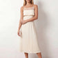 Women's spaghetti strap A-line midi dress with a sheer mesh bodice panel, delicate ruffle detail, fitted waist, and flowing midi skirt, ideal for weddings, race days, and elegant occasion wear.