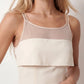 Women's spaghetti strap A-line midi dress with a sheer mesh bodice panel, delicate ruffle detail, fitted waist, and flowing midi skirt, ideal for weddings, race days, and elegant occasion wear.