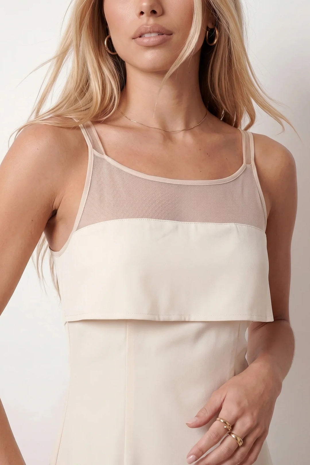Women's spaghetti strap A-line midi dress with a sheer mesh bodice panel, delicate ruffle detail, fitted waist, and flowing midi skirt, ideal for weddings, race days, and elegant occasion wear.
