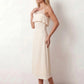Women's spaghetti strap A-line midi dress with a sheer mesh bodice panel, delicate ruffle detail, fitted waist, and flowing midi skirt, ideal for weddings, race days, and elegant occasion wear.