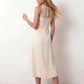 Women's spaghetti strap A-line midi dress with a sheer mesh bodice panel, delicate ruffle detail, fitted waist, and flowing midi skirt, ideal for weddings, race days, and elegant occasion wear.