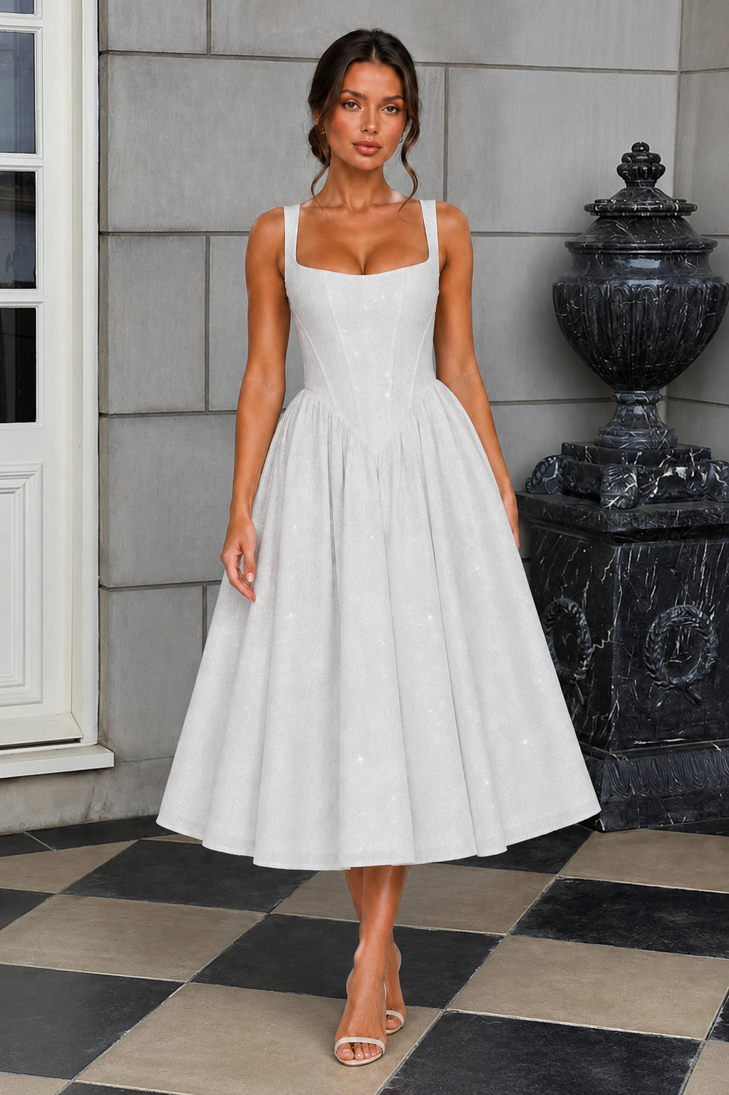 Women's Corset Midi Dress - Square Neck Wedding Guest Fit & Flare