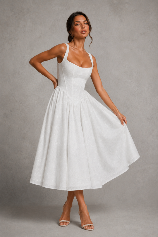 Women's Corset Midi Dress - Square Neck Wedding Guest Fit & Flare
