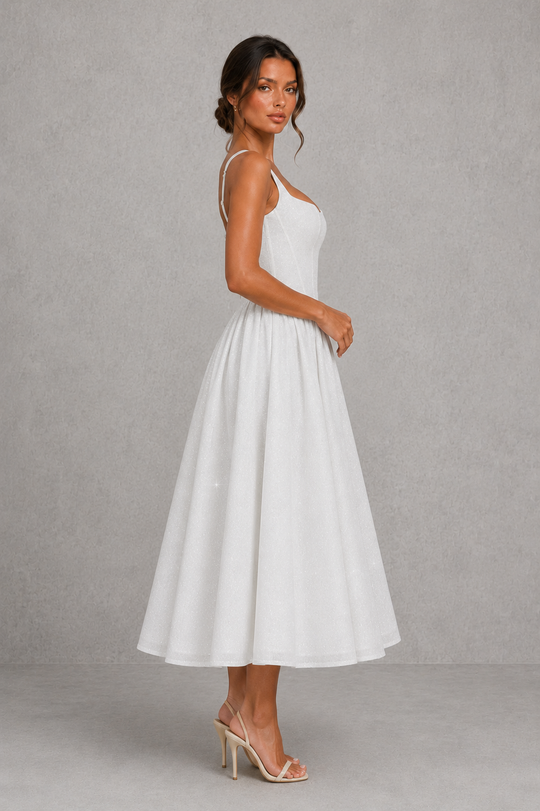 Women's Corset Midi Dress - Square Neck Wedding Guest Fit & Flare