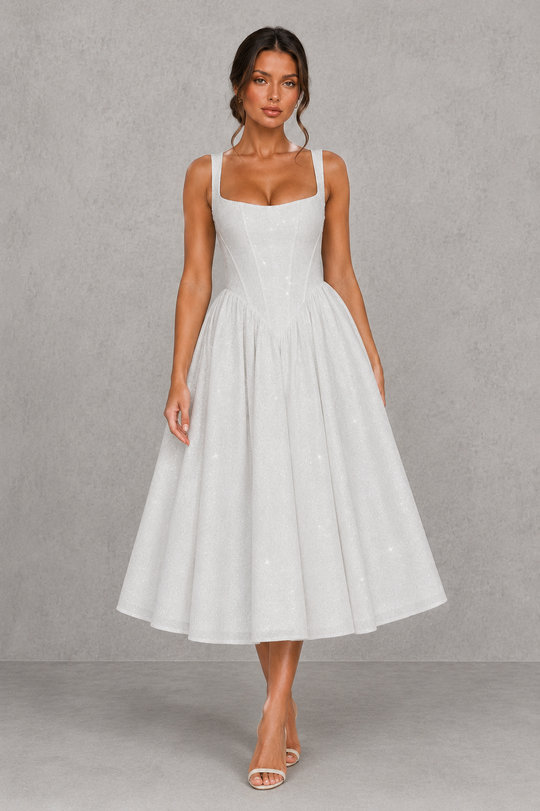 Women's Corset Midi Dress - Square Neck Wedding Guest Fit & Flare