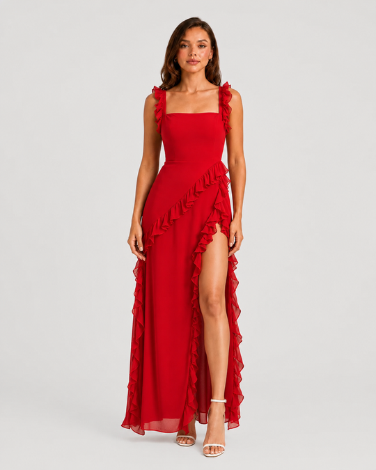 Women's elegant summer occasion dress with sculpted fit, flowing skirt, and sophisticated split detail for refined event styling.
