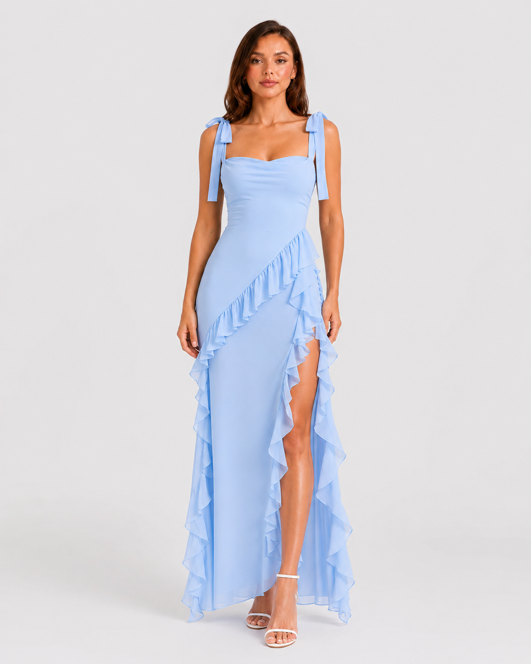 Women's elegant summer occasion dress with sculpted fit, flowing skirt, and sophisticated split detail for refined event styling.