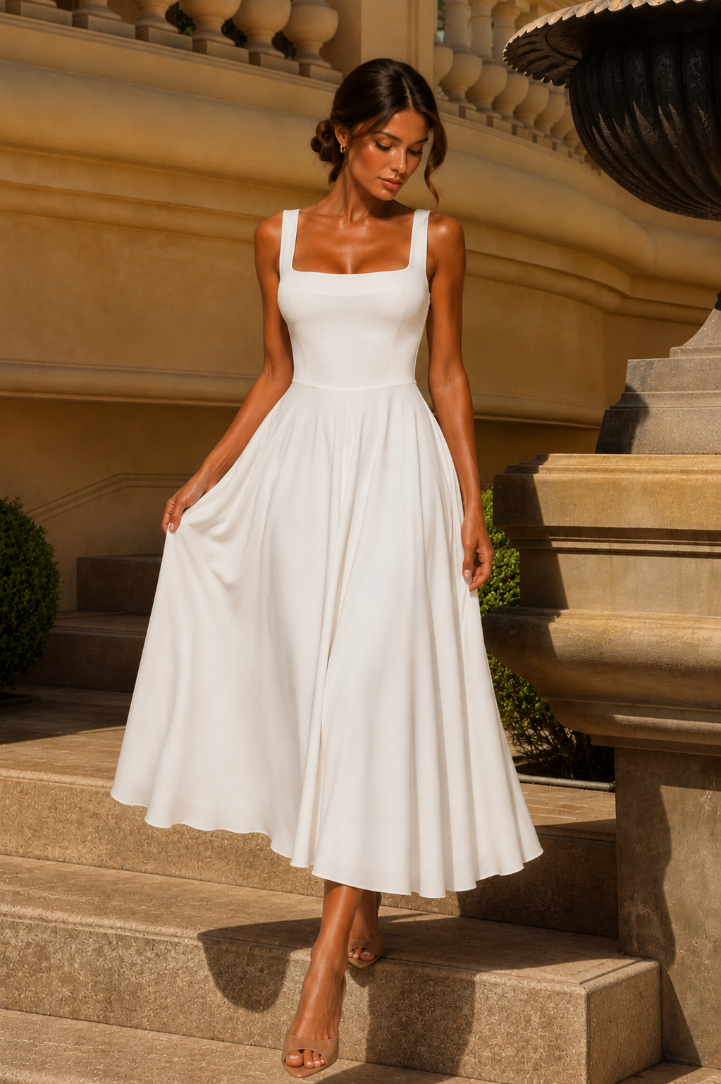Women's Square Neck A-Line Midi Dress - Wedding Guest Fit & Flare Dress