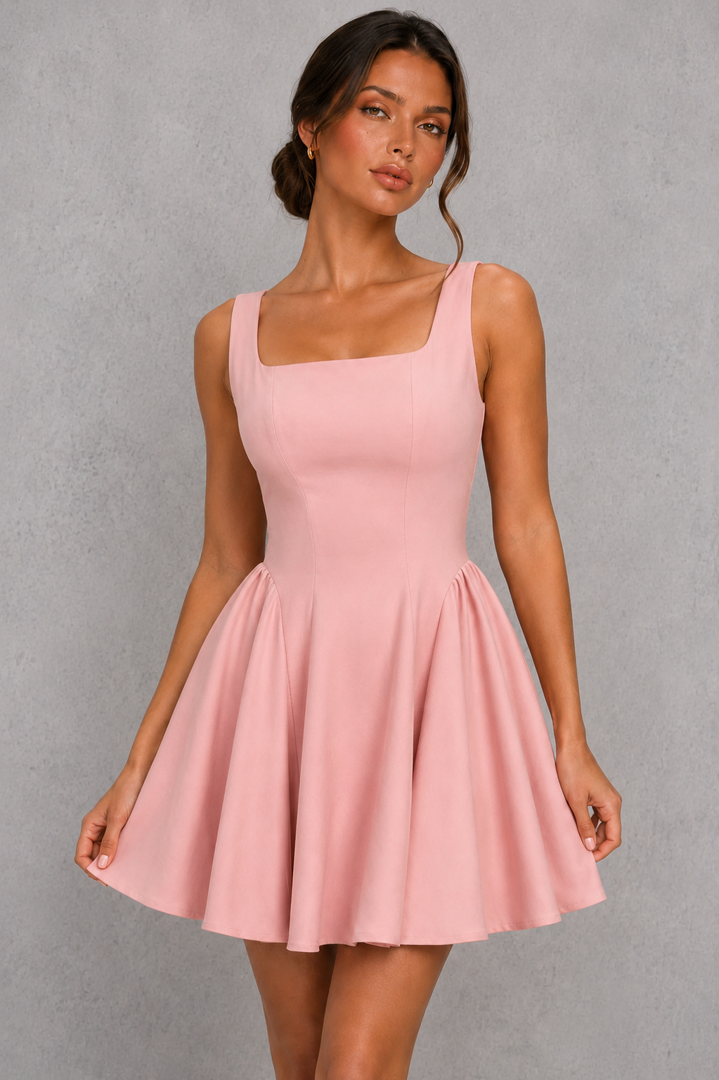 Women’s square neck pleated mini dress featuring delicate shoulder straps, a fitted bodice, and a flowing A-line skirt in soft pale pink for parties and special occasions.