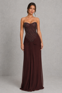 Women’s Strapless Embellished Maxi Dress with Draped Jersey Skirt for Formal & Evening Wear
