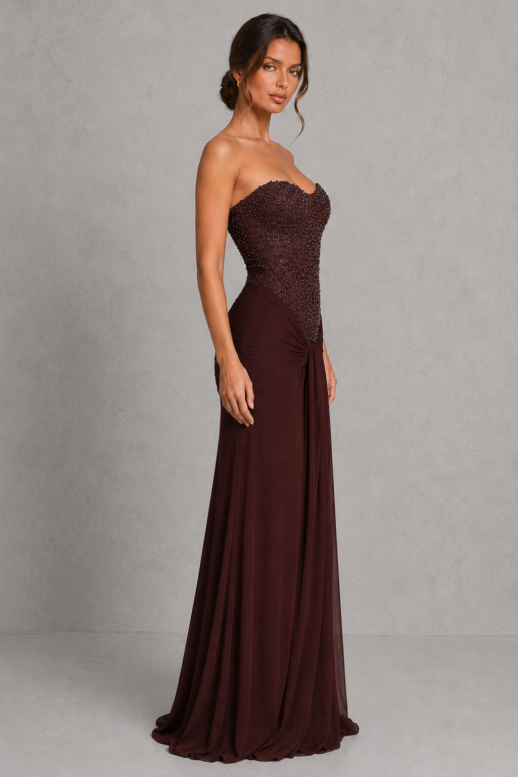 Women’s Strapless Embellished Maxi Dress with Draped Jersey Skirt for Formal & Evening Wear