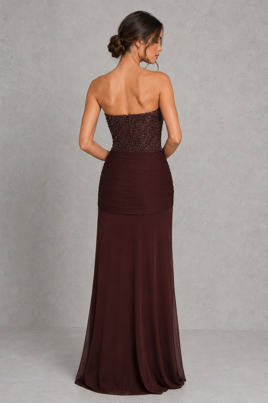 Women’s Strapless Embellished Maxi Dress with Draped Jersey Skirt for Formal & Evening Wear