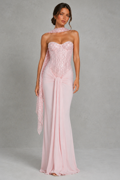 Women’s Strapless Embellished Maxi Dress with Draped Jersey Skirt for Formal & Evening Wear